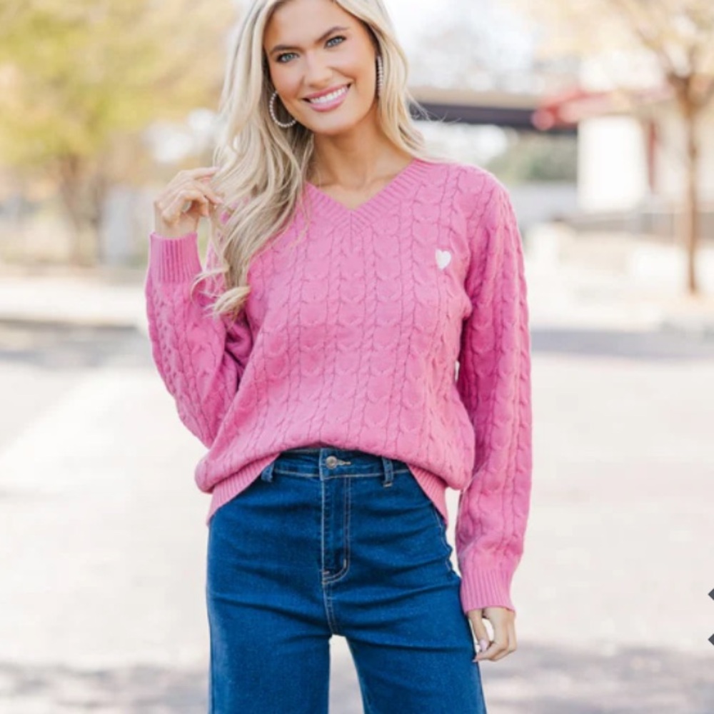 Shop the Mint NWOT Pink V-Neck Cable Knit‎ Sweater🩷Valentine’s Day🩷
